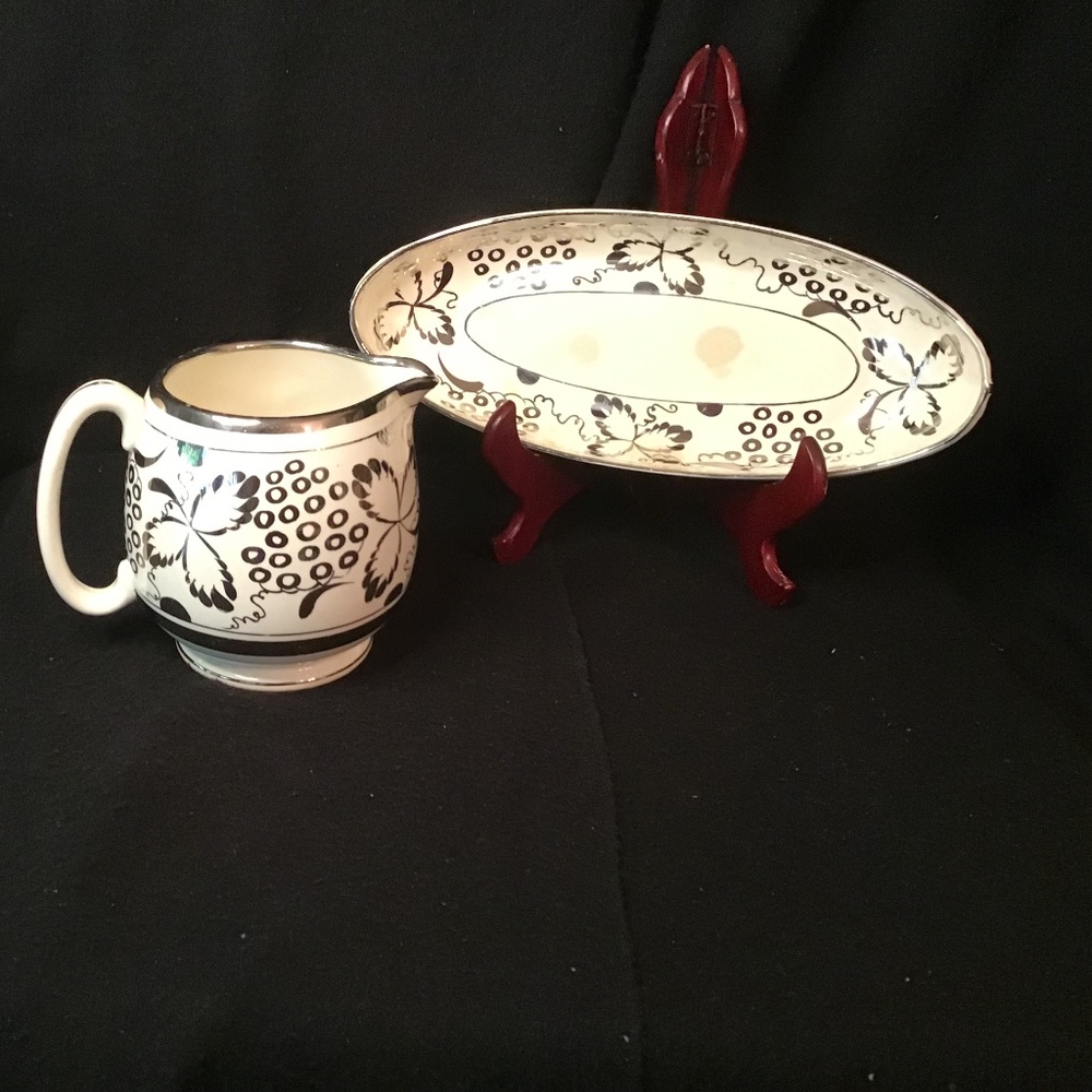 Vintage 2 piece Grays Pottery Porcelain Paint Silver & White Creamer & Server